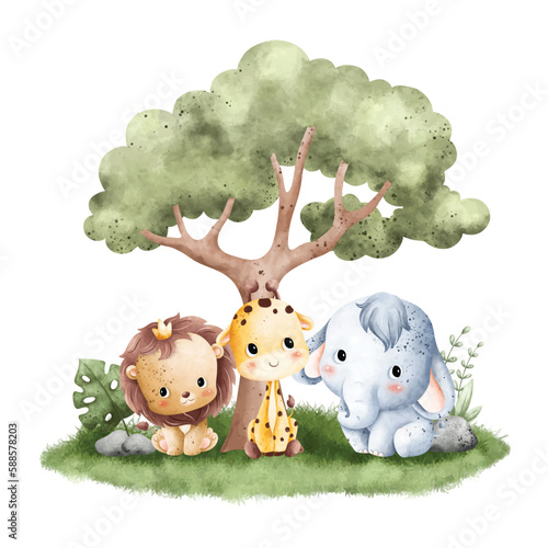 Watercolor Illustration cute baby animals sitting under the tree