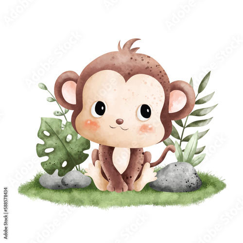 Watercolor Illustration cute baby monkey sitting on the grass with leaves