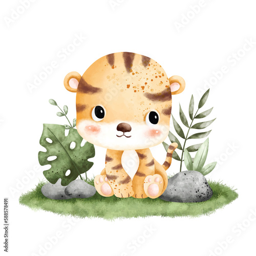 Watercolor Illustration cute baby tiger sitting on the grass with leaves