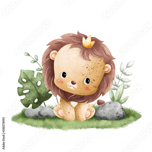 Watercolor Illustration cute baby lion sitting on the grass with leaves