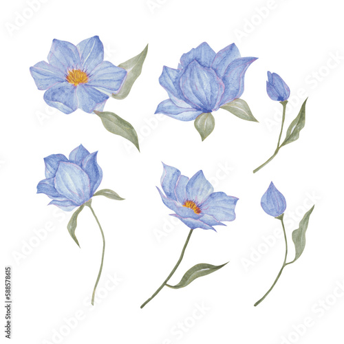 Floral blue isolated leaf and flower, hand drawn watercolor vector illustration for greeting card or invitation design