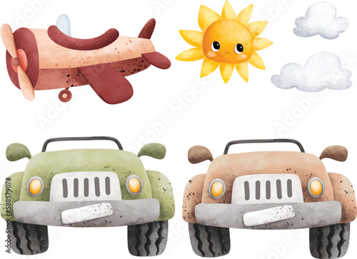 Watercolor illustration set of safari jeep and plane with sun and clouds