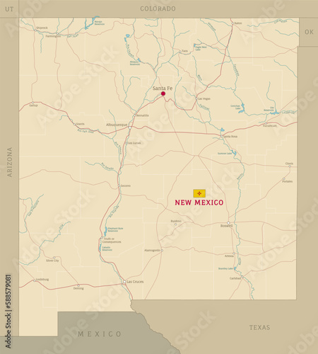 Road map of New Mexico US American federal state. Editable highly detailed transportation map of New Mexico with highways and interstate roads, rivers and cities vector illustration