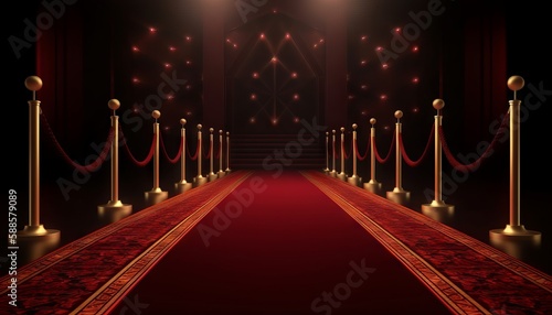 Red Carpet Bollywood Stage, Maroon Steps Spot Light Backdrop of the Golden Regal Awards. Generative ai