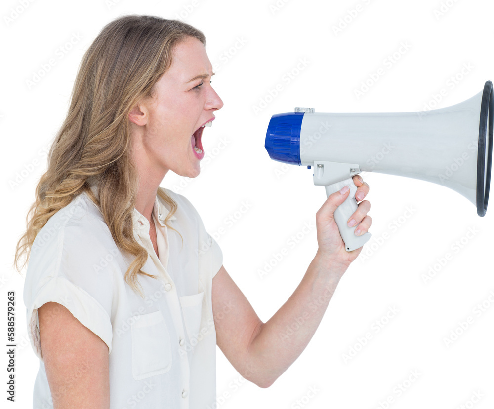 Fototapeta premium Woman shouting through a loudspeaker