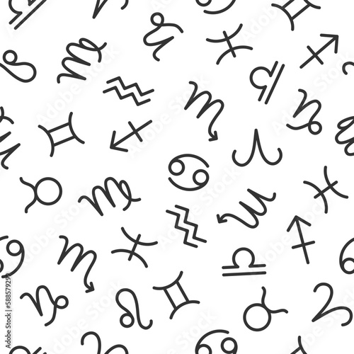 Twelve zodiac signs seamless pattern, astrological symbols repeating print on white background for fabric, packaging, web page design. Astrology, esoteric, horoscope signs vector illustration