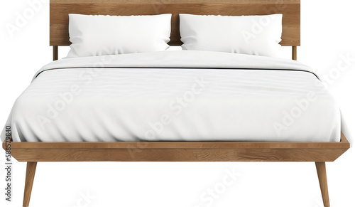Mid-century wooden double bed. Scandinavian style double bed with white blanket and pillows.