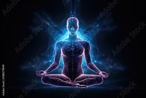 image that depicts the mind-body connection, a person sitting cross-legged with their hands on their knees and their eyes closed, to capture the essence of yoga meditation