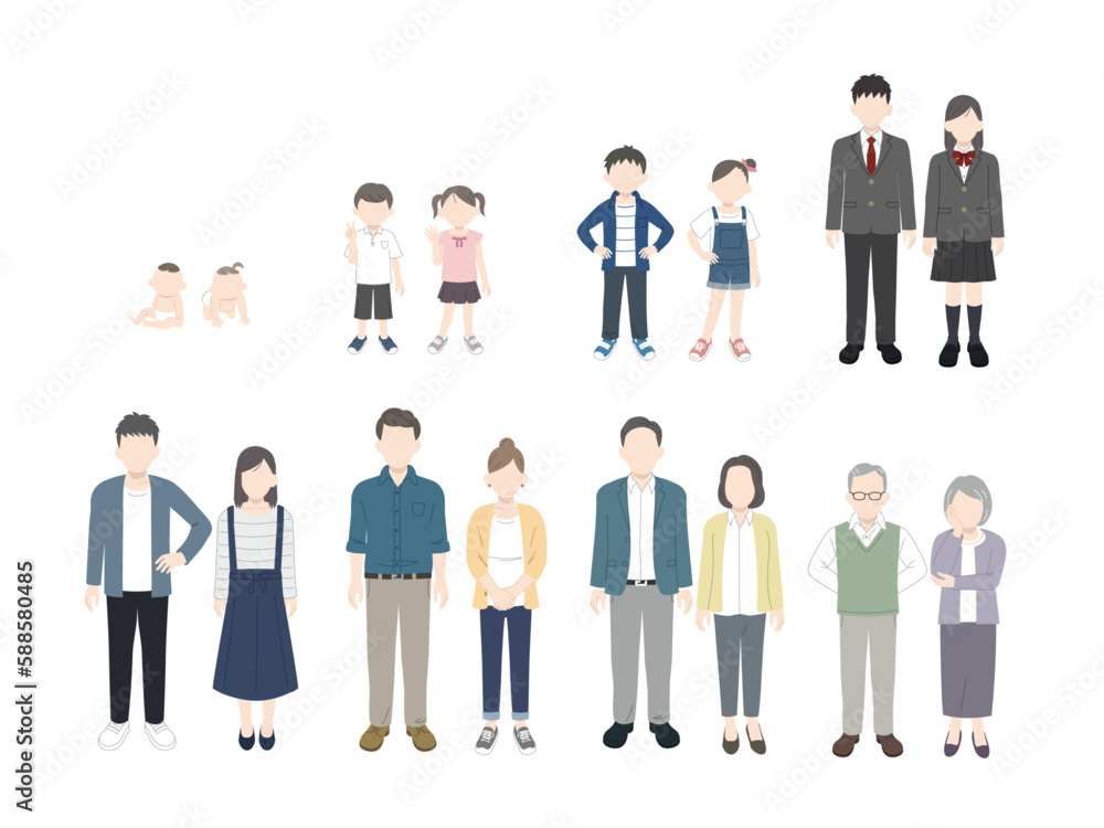 様々な年齢層の人物、男女のイラストセット 様々な年齢層の人物、男女のイラストセット