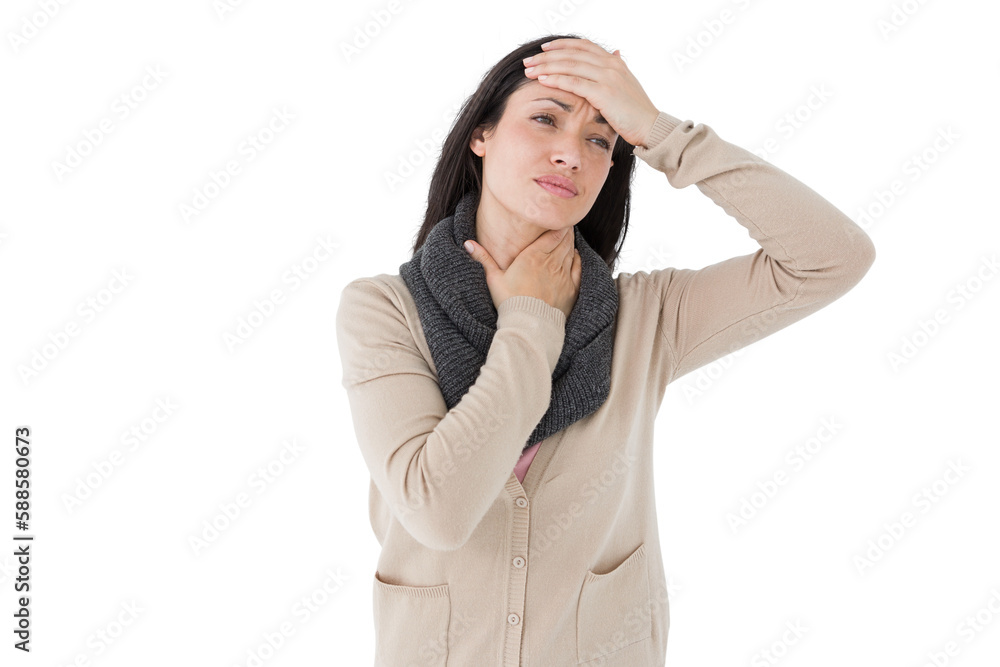 Sick brunette touching her throat and her head Sick brunette touching her throat and her head