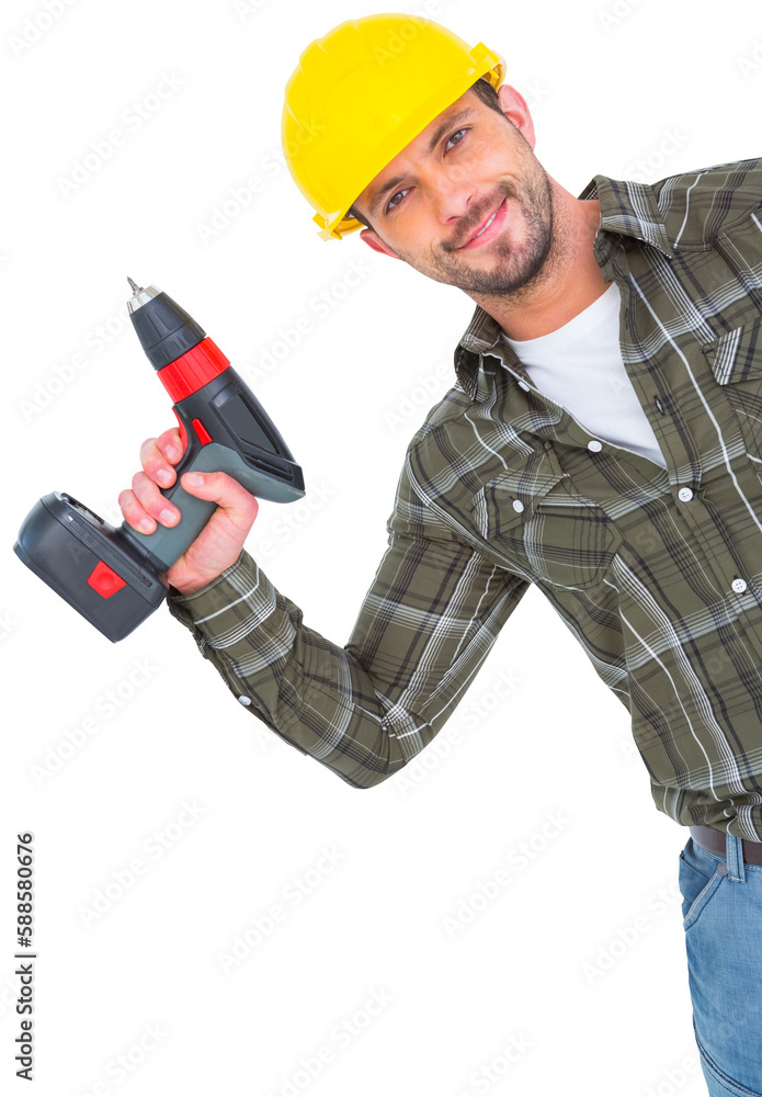 Smiling repairman with drill machine Smiling repairman with drill machine