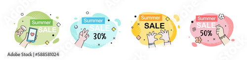 Summer sale banner template. Summer cute geometric tags and labels with cute hands and colorful shapes. Abstract isolated background. price deal badges for discount offers. Modern minimal concept.

