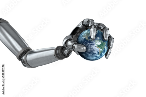 Digital image of chrome robot hand with globe
