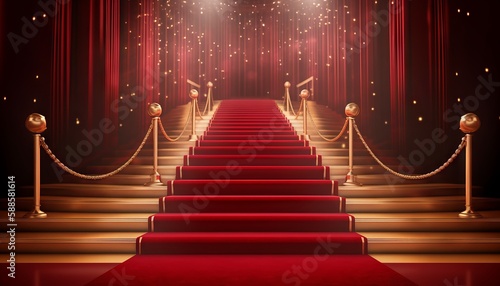 Red Carpet Bollywood Stage, Maroon Steps Spot Light Backdrop of the Golden Regal Awards. Generative ai