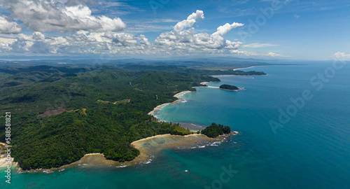 Top view of bays and lagoons with beaches on the coast of the island of Borneo. Sabah, Malaysia.