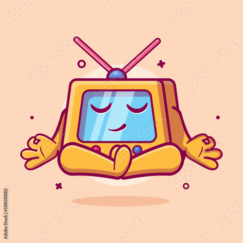 calm television character mascot with yoga meditation pose isolated cartoon in flat style design 