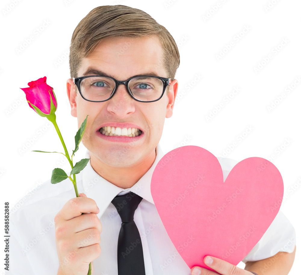 Obraz premium Geeky hipster holding a red rose and heart card