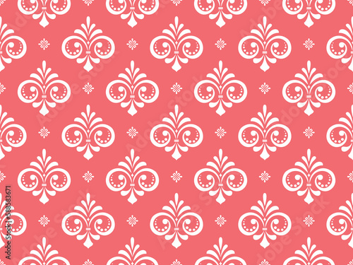 Wallpaper in the style of Baroque. Seamless vector background. White and pink floral ornament. Graphic pattern for fabric, wallpaper, packaging. Ornate Damask flower ornament