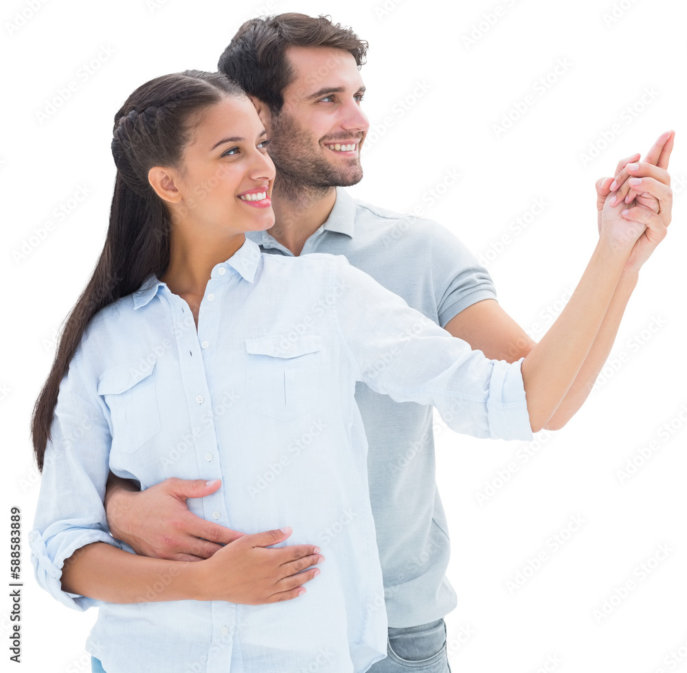 Cute couple embracing and pointing Cute couple embracing and pointing
