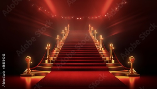Red Carpet Bollywood Stage, Maroon Steps Spot Light Backdrop of the Golden Regal Awards. Generative ai