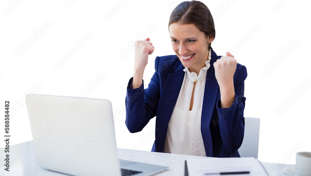 Cheerful businesswoman using laptop against white background Cheerful businesswoman using laptop against white background