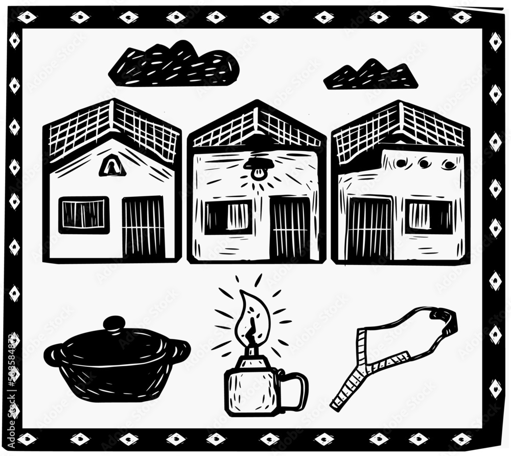 inner city. Typical of Brazil, set of icons in woodcut and cordel literature style. Cidadezinha do interior e elementos de xilogravura e literatura de cordel