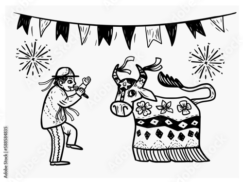 Boi bumbá, or bumba my ox is a singer. Character of Brazilian popular culture. woodcut style