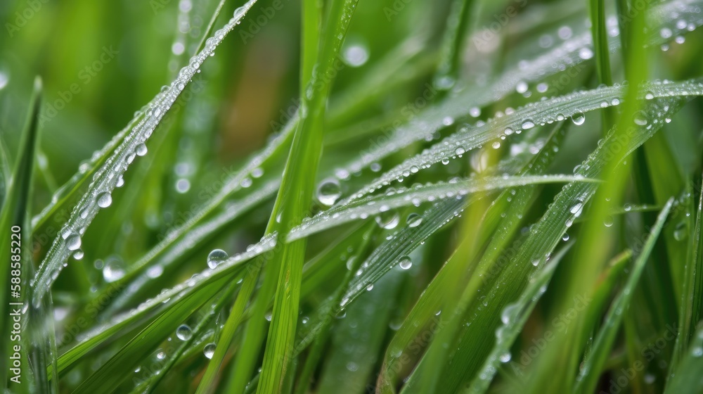 Fresh green grass with dew drops close up. Water driops on the fresh grass after rain. Light morning dew on the green grass. Generative AI. Fresh green grass with dew drops close up. Water driops on the fresh grass after rain. Light morning dew on the green grass. Generative AI.