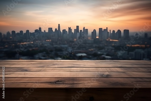 A wood table vacant, set before a city skyline at dusk. Generative AI