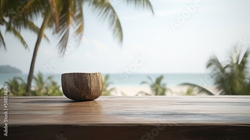 Empty top of wooden table or counter and view of tropical beach. For product display - AI Generated