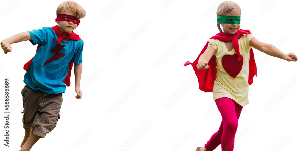 Naklejka premium Playful siblings playing together while disguise as superhero