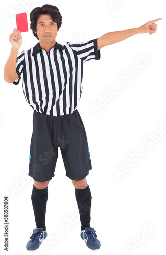 Referee gesturing while showing red card