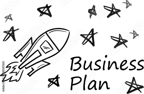 Digital image of rocket and star shapes with business plan text