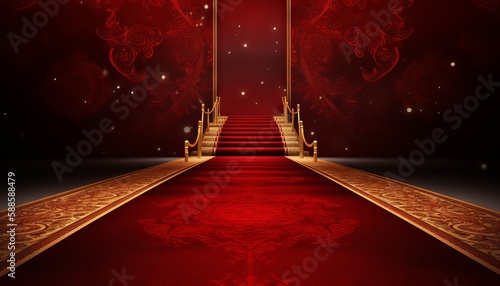 Red Carpet Bollywood Stage, Maroon Steps Spot Light Backdrop of the Golden Regal Awards. Generative ai