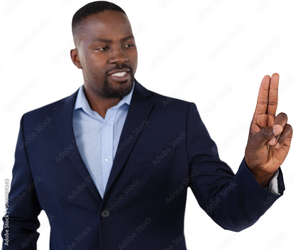 Businessman pressing an invisible virtual screen Businessman pressing an invisible virtual screen