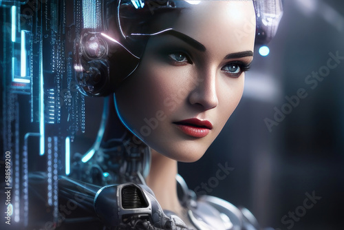 Pretty Cyborg Woman Portrait Holographic Data Stream in Air Tech Glowing Neon Lines Generative AI Illustration