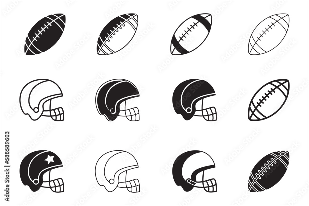 American football ball and helmet icon set. Rugby ball icons. Vector stock illustration. Simple flat design. American football ball and helmet icon set. Rugby ball icons. Vector stock illustration. Simple flat design.