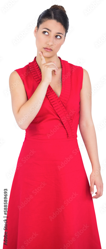 Thoughtful elegant brunette in red dress posing Thoughtful elegant brunette in red dress posing