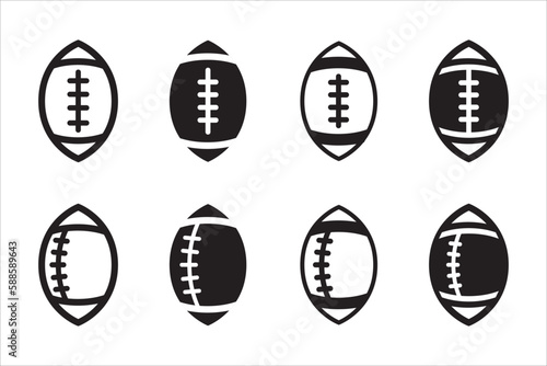 American football icon set. Rugby ball icons. American football ball vector stock illustration. Simple black and white flat design. Vertical balls.