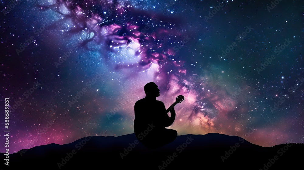 The breathtaking universe in all its splendor, with a human figure at its center playing an electric guitar, symbolizing the connection between the cosmos and the artist, generative ai
