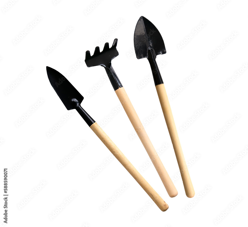 Set of mini gardening tools on white isolated background Set of mini gardening tools on white isolated background