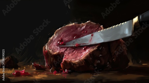 Perfectly cooked large meat with golden seared surface, red to pink spectrum center cut, juicy and succulent. Precisely cut surface reflects its perfection. Visual favourful image, generative ai photo