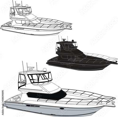 High quality line drawing vector fishing boat. Black, white and color illustration.