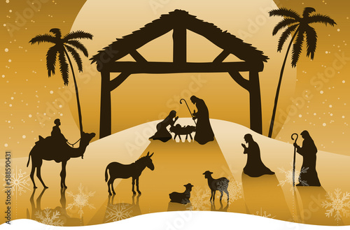 Illustration of nativity scene against built structure