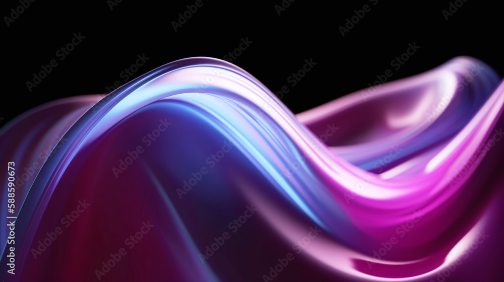 Fototapeta premium Abstract liquid glass holographic iridescent neon curved wave in motion dark background 3d render. Gradient design element for banners, backgrounds, wallpapers and covers. Generative AI