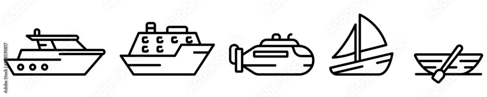 Conjunto de iconos de transporte marítimo. Yate, barco, crucero, bote, submarino. Ilustración vectorial