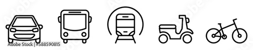 Conjunto de iconos de vehículos de transporte terrestre. Automóvil, autobús, tren, metro, motocicleta, bicicleta. Ilustración vectorial