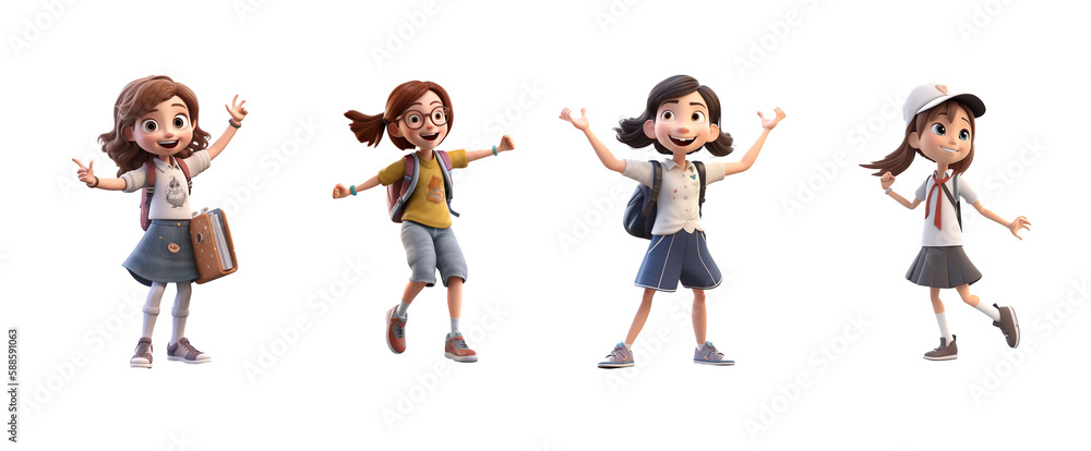 Set of 3D cartoon character cute happy student kids girl dancing, isolated on white and transparent background, ai generate - obrazy, fototapety, plakaty 
