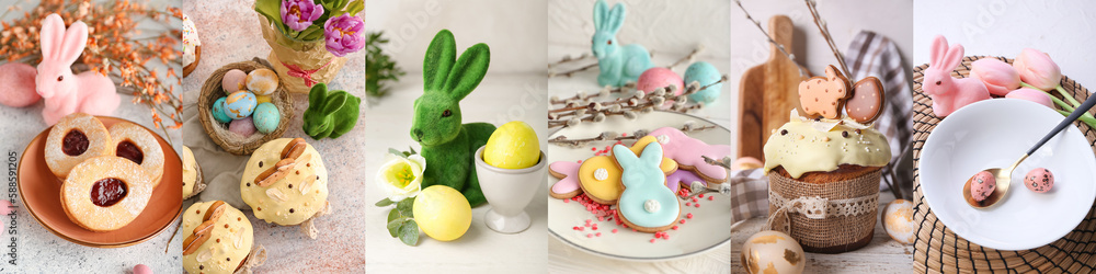Festive collage for Easter celebration with painted eggs, cute bunnies and tasty desserts Festive collage for Easter celebration with painted eggs, cute bunnies and tasty desserts