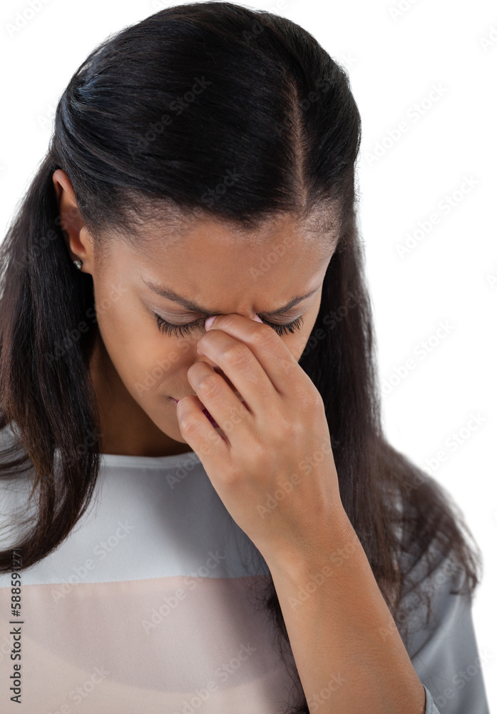 Stressed businesswoman standing with her head down Stressed businesswoman standing with her head down